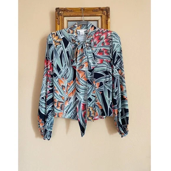 REVOLVE MARA HOFFMAN Black Green Red Tropical Print Tie Neck Deep V Blouse Top - Picture 9 of 15